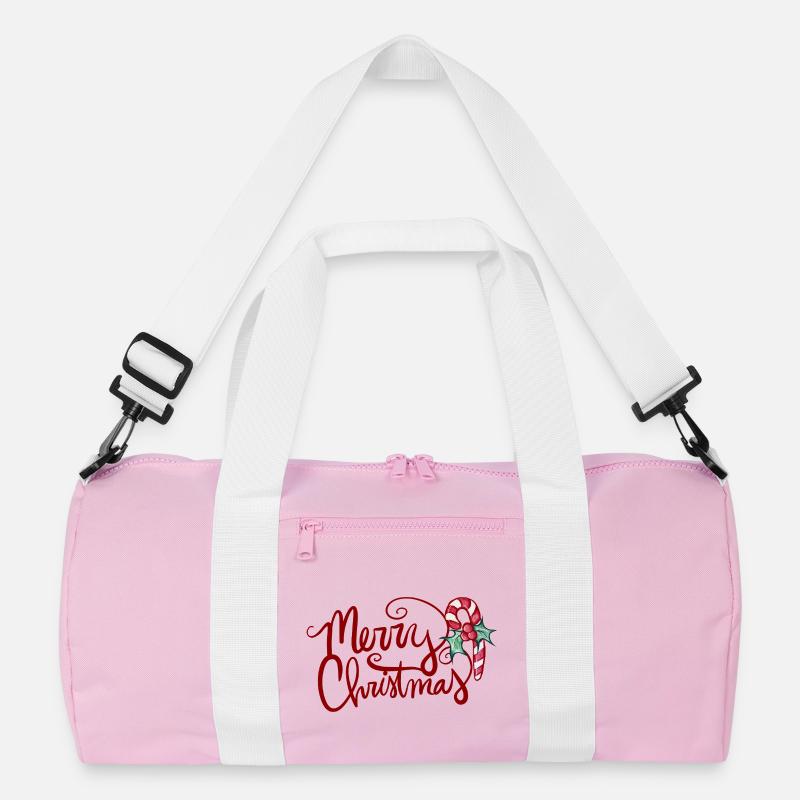 Merry Christmas Script with Candy Cane Recycled Duffel Bag