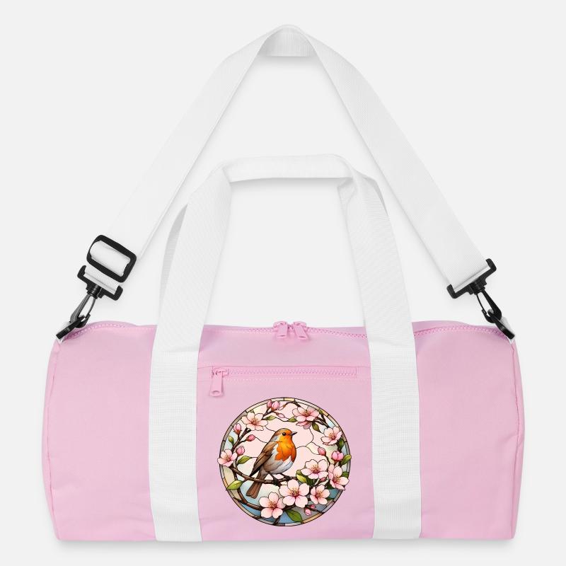 Robin with cherry blossoms spring motif Recycled Duffel Bag