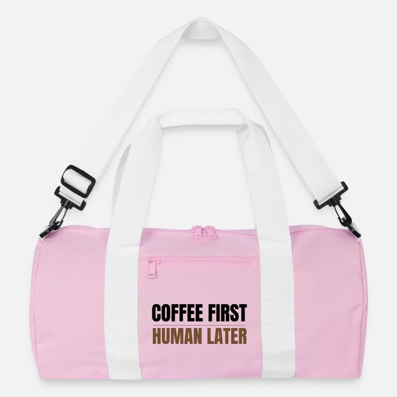 Coffee First Human Later Funny Coffee Lover Design - Recycled Duffel Bag - pink/white