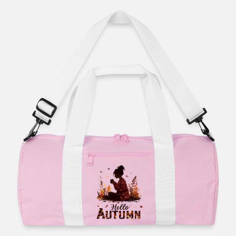 Hello Autumn – Kuscheliges Mädchen mit Heißgetränk - Recycelte Duffel Bag - Rosa/Weiß