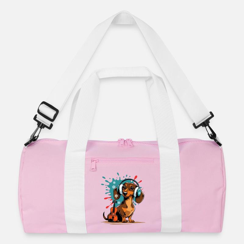 Wintermusik-Dackel mit Kopfhörern - Recycelte Duffel Bag - Rosa/Weiß