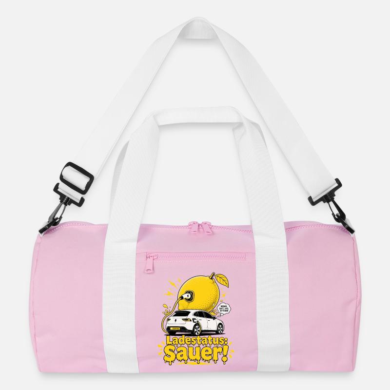 Ladestatus Sauer, E Auto Satire. Recycelte Duffel Bag