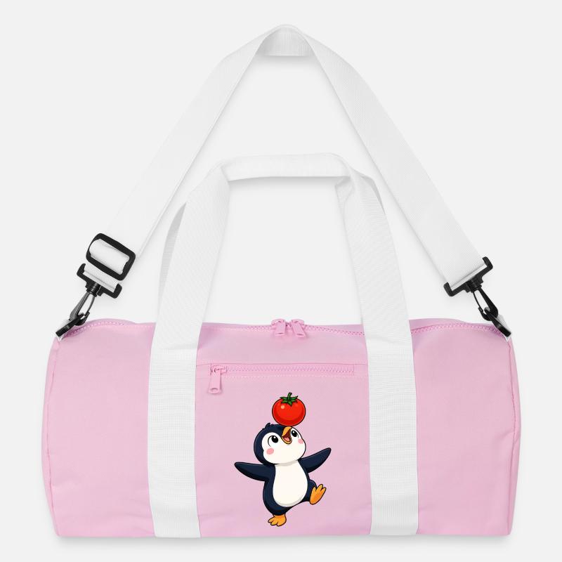 Cute Penguin Dancing Vegetables Joy Cartoon - Recycled Duffel Bag - pink/white
