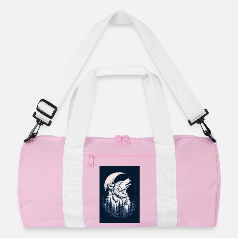 Wolf & Mond – Mystisches Wald-Design in Blau - Recycelte Duffel Bag - Rosa/Weiß