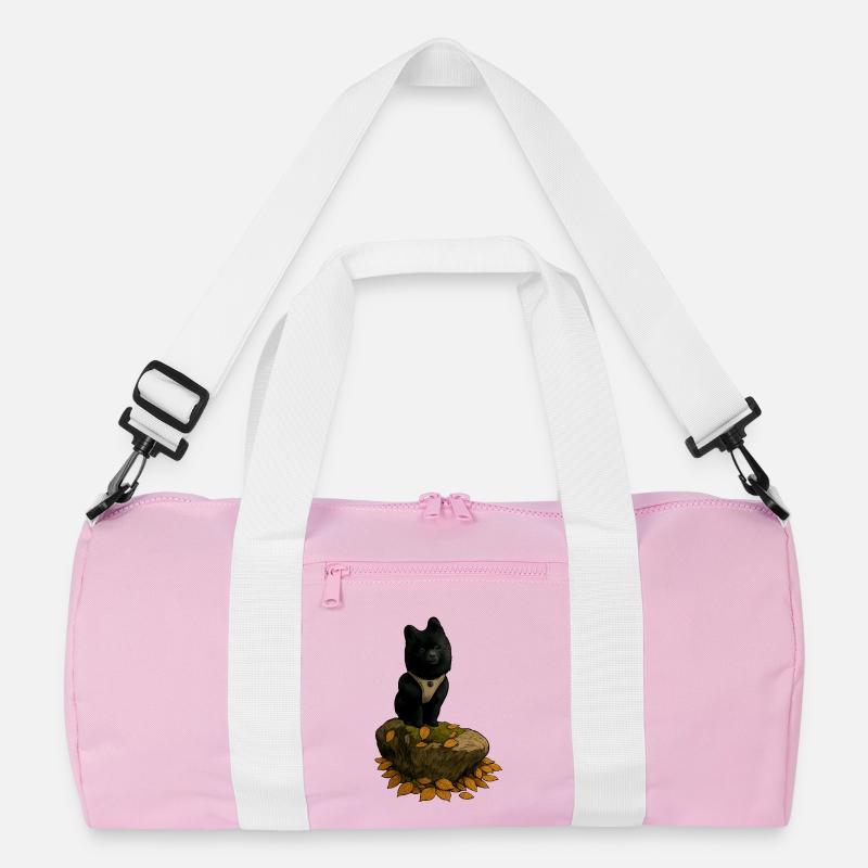 Schwarzer Spitz Hund auf Baumstamm - Recycelte Duffel Bag - Rosa/Weiß