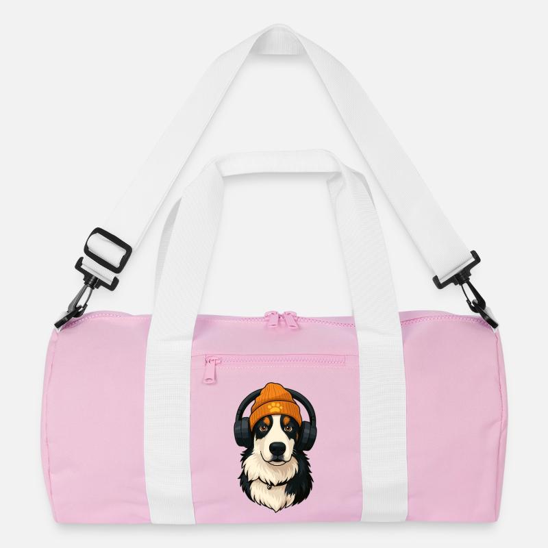 Cooler Australian Shepherd mit Mütze und Kopfhörer - Recycelte Duffel Bag - Rosa/Weiß