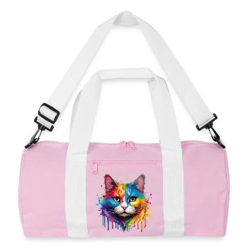 Rainbow Cat Watercolor Portrait - Recycled Duffel Bag - pink/white - Front