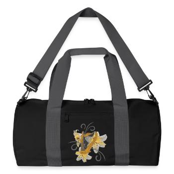 Musiker outfits frauen, Lilien harfenmotiv - Recycelte Duffel Bag - Schwarz/Graphitgrau - Vorne
