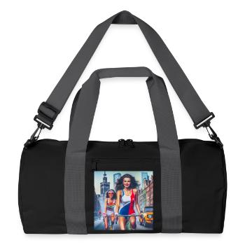 Deux filles faisant du vélo dans le style rétro de Varsovie - années 80 - Sac de sport recyclé - noir/gris graphite - Devant