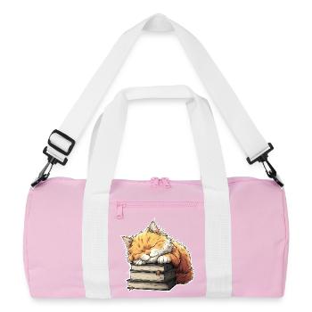 Cute Cat Sleeping on Book Pile - Recycled Duffel Bag - pink/white - Front