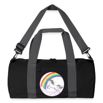 Regenbogen Einhorn über Wolken Herzchen Motiv - Recycelte Duffel Bag - Schwarz/Graphitgrau - Vorne