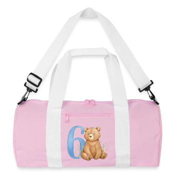 Watercolor Bear with Number 6 - Recycled Duffel Bag - pink/white - Front