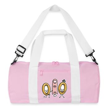 Funny Marriage Proposal Wedding Rings Ring Finger Engagement - Recycled Duffel Bag - pink/white - Front