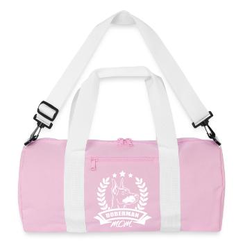 "Doberman Mom" - with banner and wreath of wheat - Recycled Duffel Bag - pink/white - Front