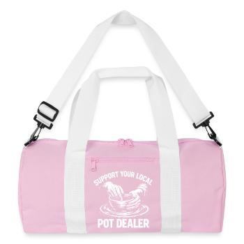 Humor Pottery – Unterstützen Sie Ihren lokalen Pot Dealer Wein - Recycelte Duffel Bag - Rosa/Weiß - Vorne