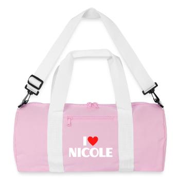 I love Nicole Red Heart Romantic Name Fan - Recycled Duffel Bag - pink/white - Front