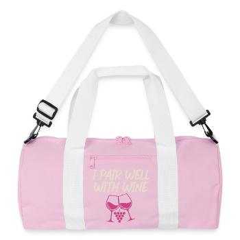 I Pair Well With Wine – Wine Glass Motif - Recycled Duffel Bag - pink/white - Front