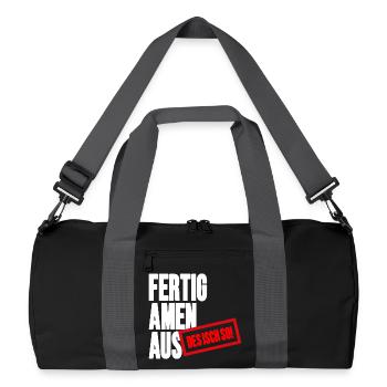 Großbuchstaben Stempelbanner - Fertig Amen Aus - Recycelte Duffel Bag - Schwarz/Graphitgrau - Vorne