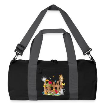 liebevoll gestalteter bunter Gartenzaun mit Blumen - Recycelte Duffel Bag - Schwarz/Graphitgrau - Vorne