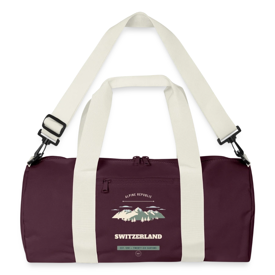 Switzerland badge on a recycled duffel bag, burgundy/off white