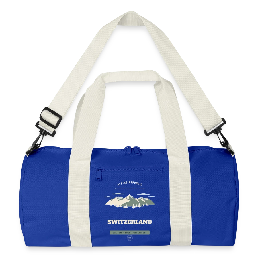 Switzerland badge on a recycled duffel bag, bright royal/off white
