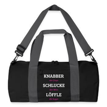Knabber Chips, Schluck Wein, Löffle Suppe - Recycelte Duffel Bag - Schwarz/Graphitgrau - Vorne