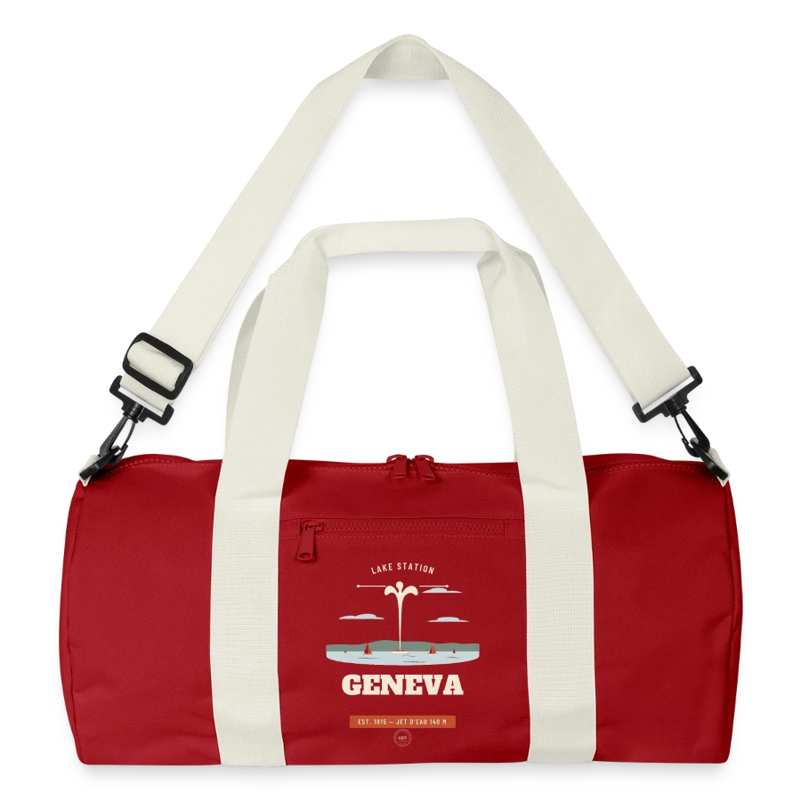 Geneva badge on a recycled duffel bag, classic red/off white