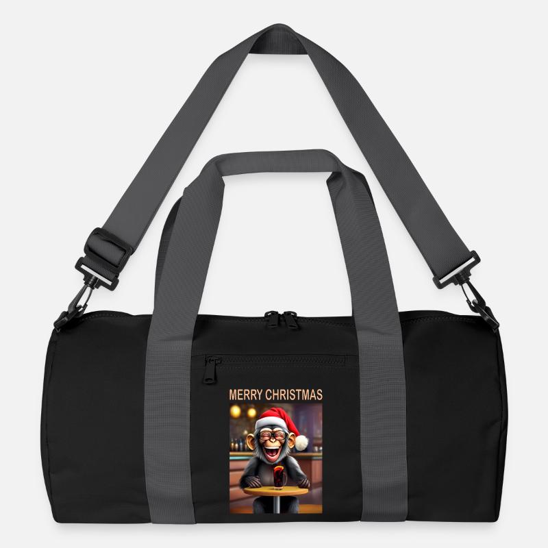 Affe feiert Weihnachten mit Mütze und Getränk - Recycelte Duffel Bag - Schwarz/Graphitgrau