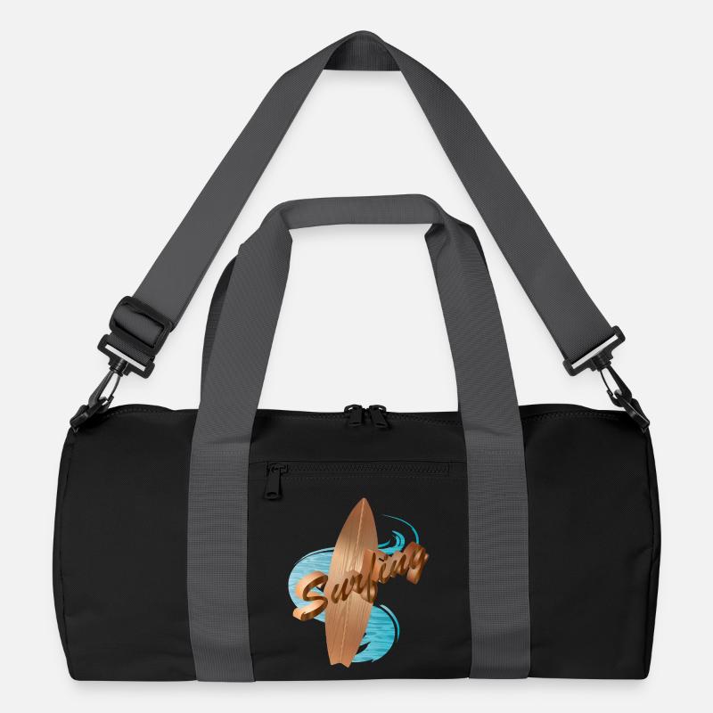Surfbrett Holzdesign mit Surfing Typografie Recycelte Duffel Bag