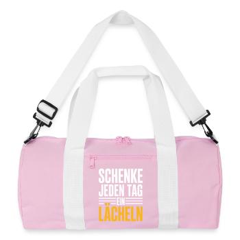 Schenke Jeden Tag Ein Lächeln – Positive Botschaft - Recycelte Duffel Bag - Rosa/Weiß - Vorne