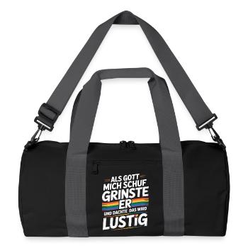 Als Gott mich schuf grinste er – Pride Humor - Recycelte Duffel Bag - Schwarz/Graphitgrau - Vorne
