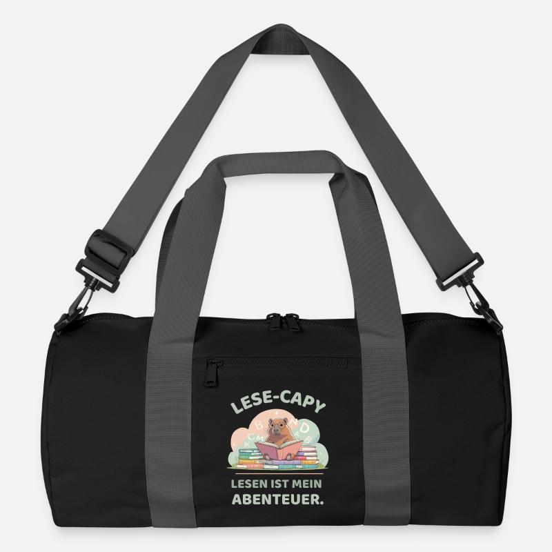Capybara reading between stacks of books Recycled Duffel Bag