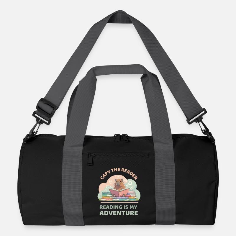 Capybara reading between stacks of books Recycled Duffel Bag