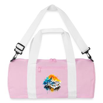 Himalayan Watercolor Mountains & Prayer Flags - Recycled Duffel Bag - pink/white - Front