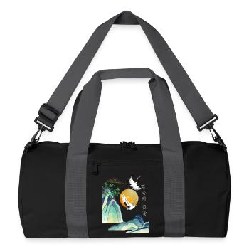 Korean Seollal Design – Cranes and Sun - Recycelte Duffel Bag - Schwarz/Graphitgrau - Vorne