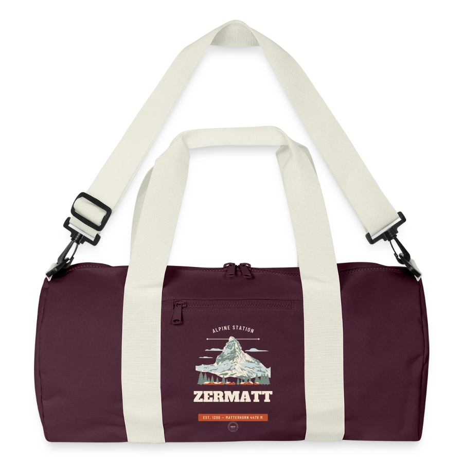 Zermatt badge on a recycled duffel bag, burgundy/off white