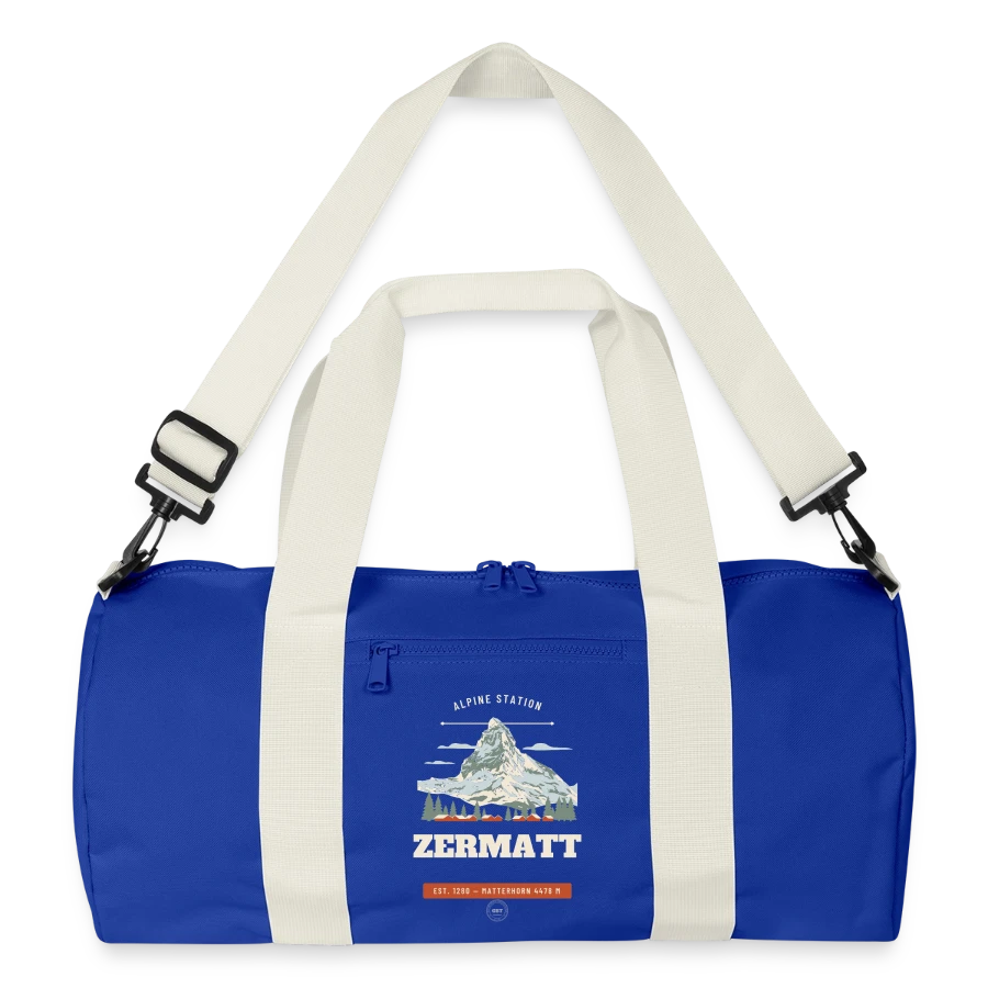 Zermatt badge on a recycled duffel bag, bright royal/off white