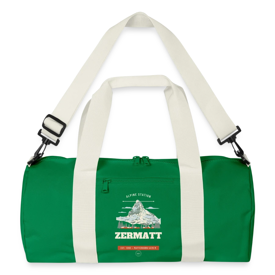 Zermatt badge on a recycled duffel bag, kelly green/off white