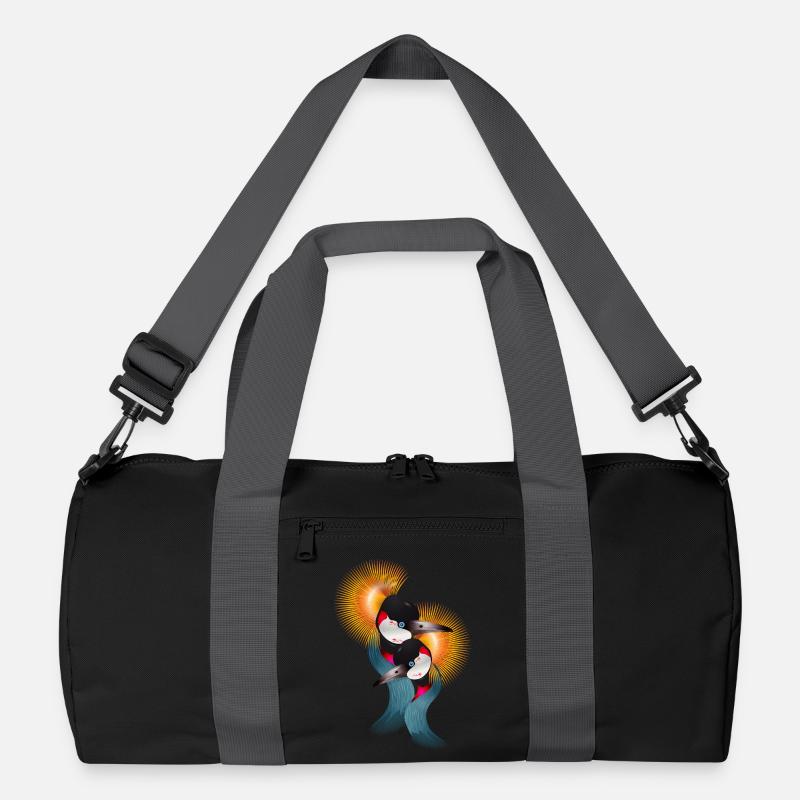 Zwei kunstvolle Kronenkraniche in Harmonie Recycelte Duffel Bag