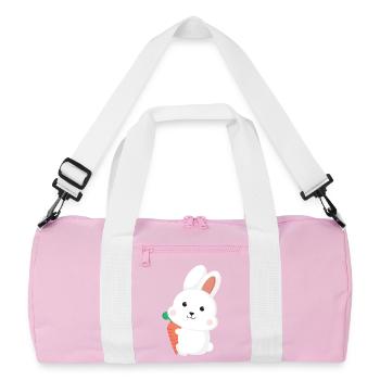 Cute White Bunny Rabbit Holding Carrot Cartoon Art - Recycelte Duffel Bag - Rosa/Weiß - Vorne