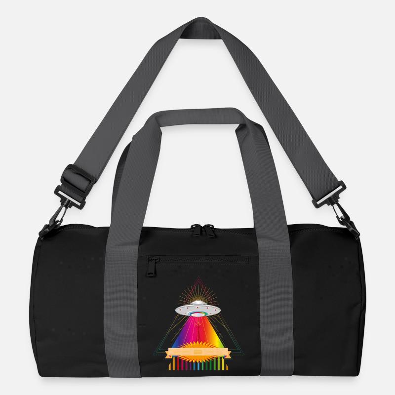 UFO over a glowing rainbow triangle Recycled Duffel Bag