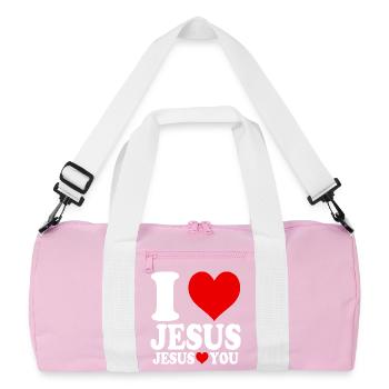 Ich liebe Jesus und Jesus liebt dich - Recycelte Duffel Bag - Rosa/Weiß - Vorne