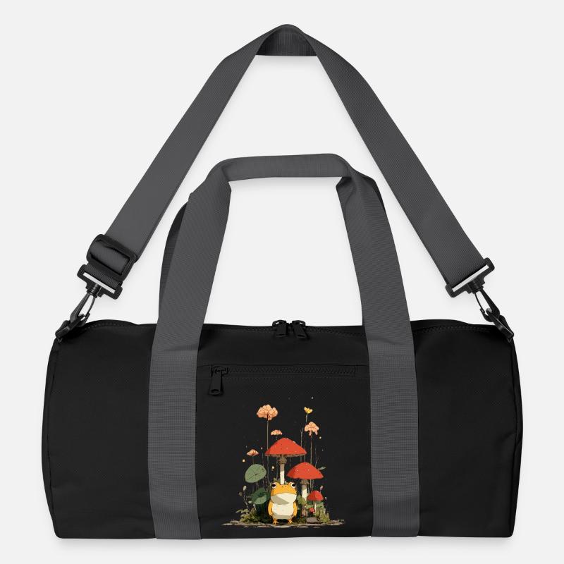 Frosch vor roten Pilzen im Wald - Recycelte Duffel Bag - Schwarz/Graphitgrau