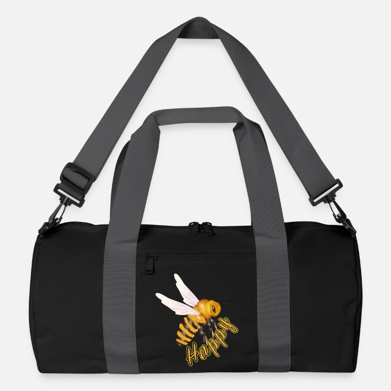 yellow Happy lettering with hand-drawn bee Recycled Duffel Bag