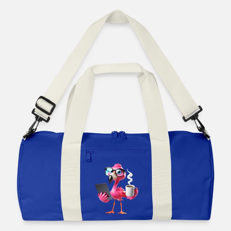 Flamingo im Büro mit Tablet & Kaffee - Recycelte Duffel Bag - Leuchtend Königsblau/Offwhite