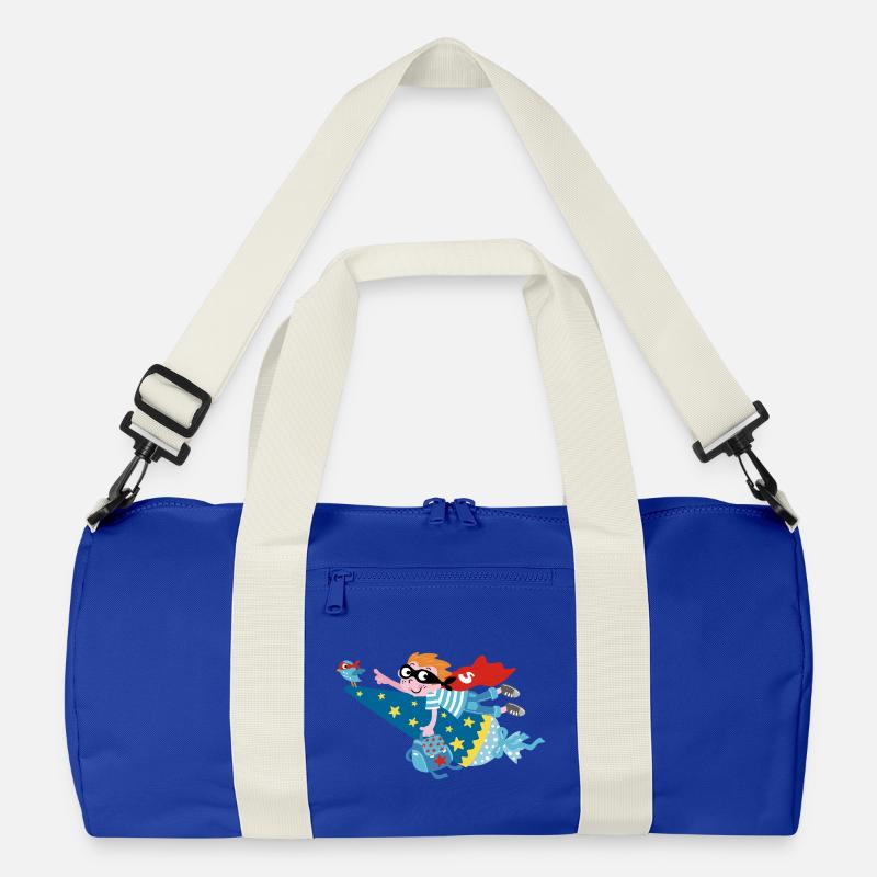 Superheld 2025! Hurra ich bin ein Schulkind! - Recycelte Duffel Bag - Leuchtend Königsblau/Offwhite