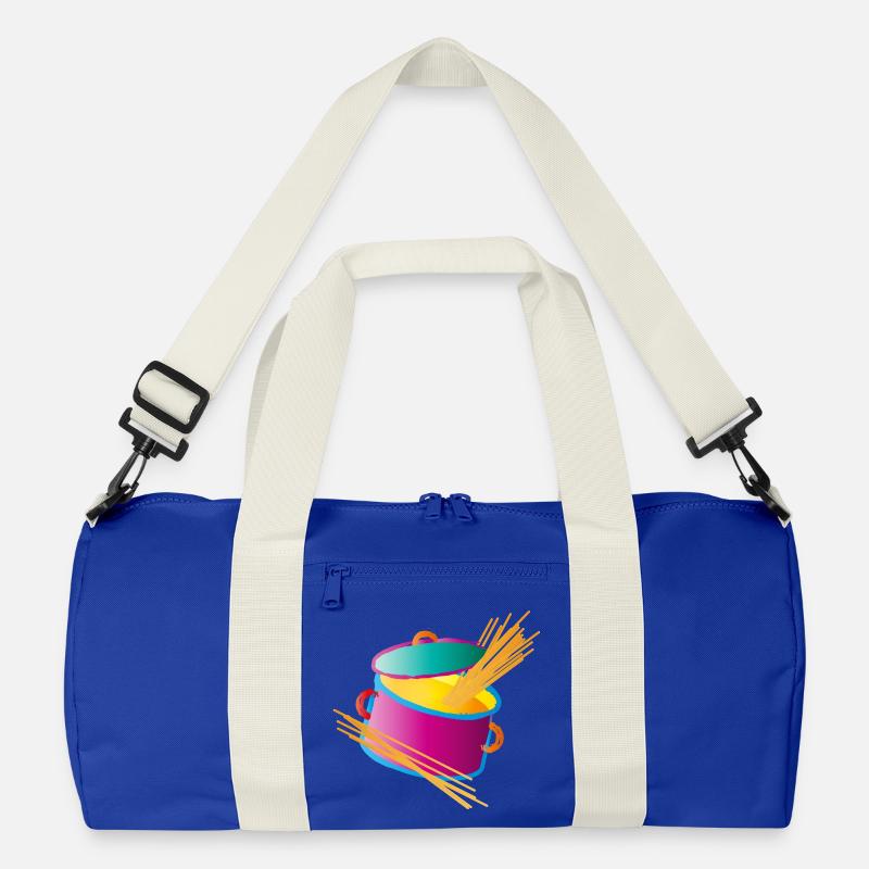knallig bunter Kochtopf mit Deckel und Spaghetti - Recycelte Duffel Bag - Leuchtend Königsblau/Offwhite
