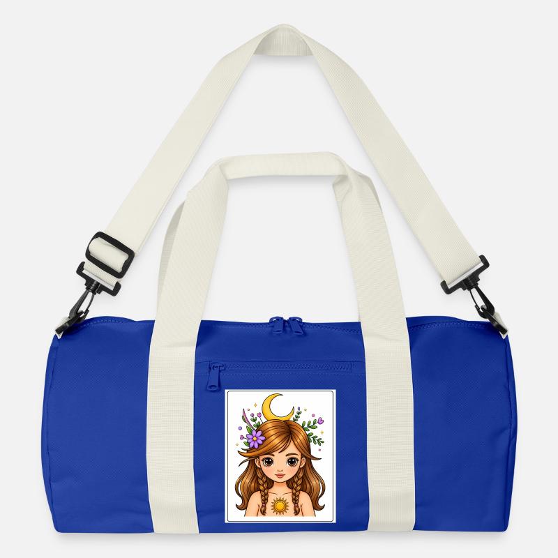 Mondmädchen mit Blumen und Sonne - Recycelte Duffel Bag - Leuchtend Königsblau/Offwhite