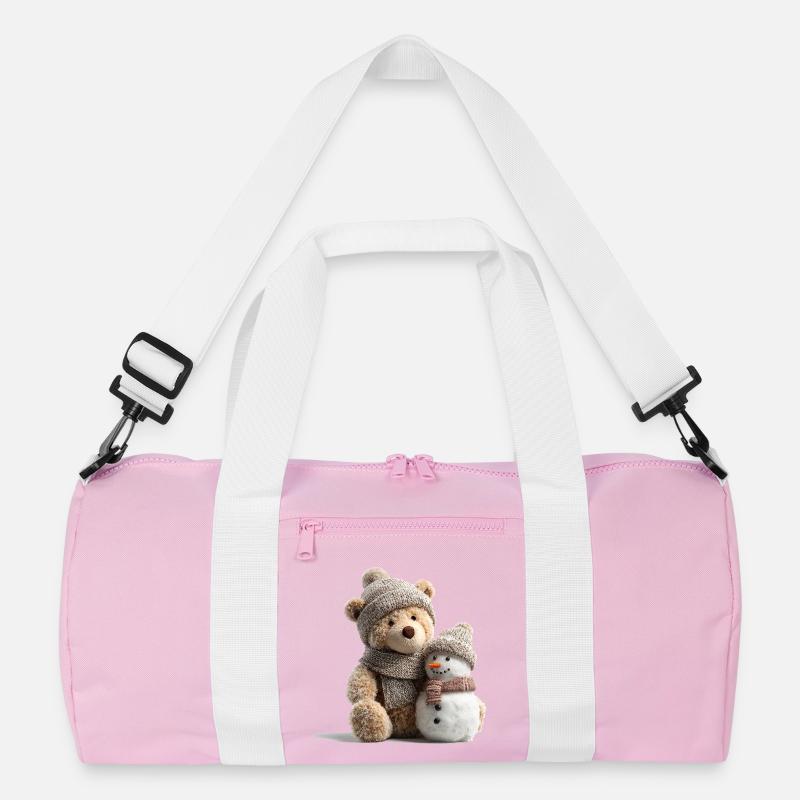 Winter cuddly bear with a snowman Recycled Duffel Bag