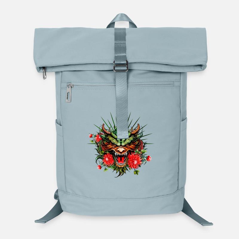 Wunderschöner bunter Drachenkopf mit Blumen. Laptop-Rucksack 